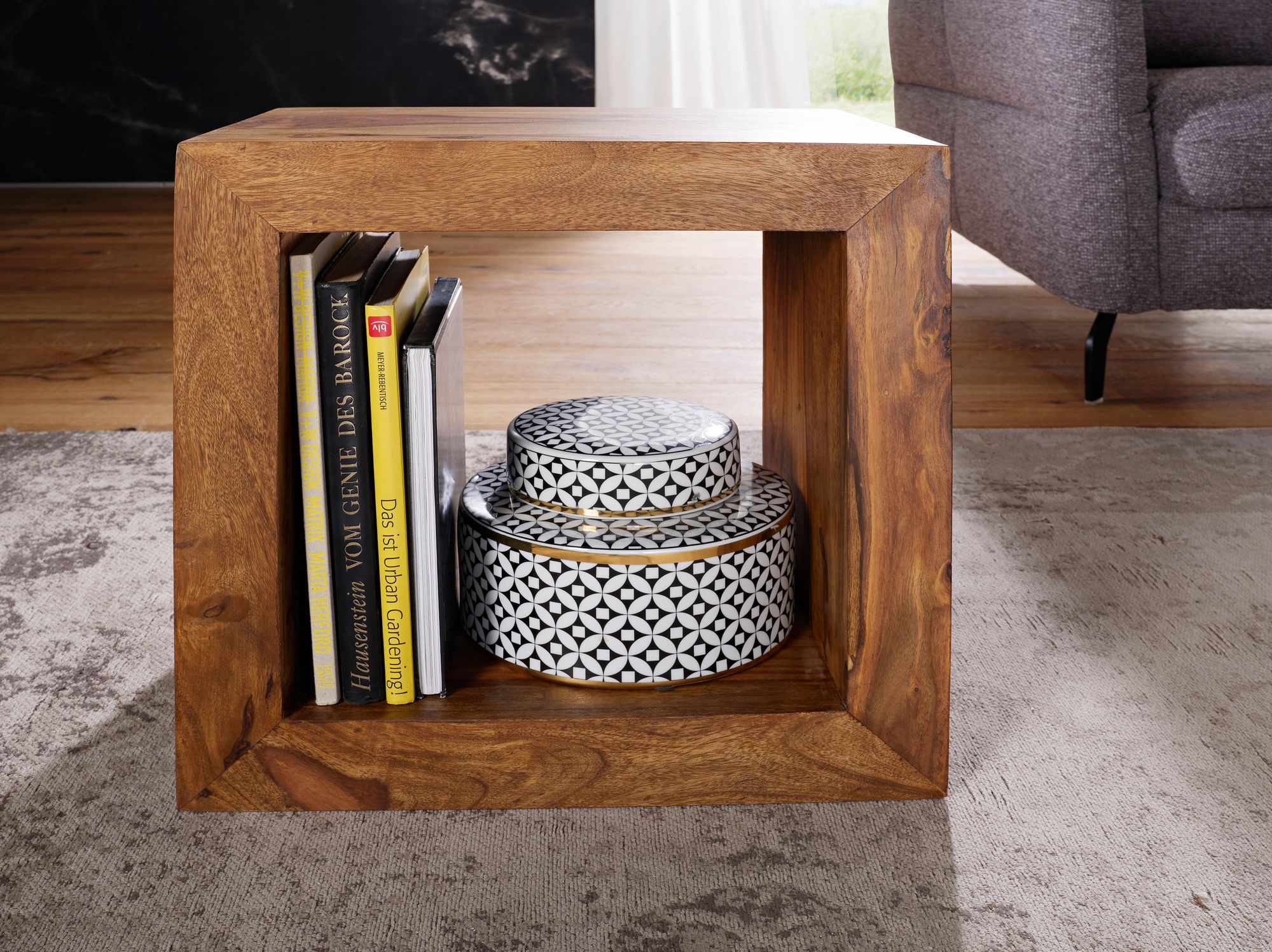 FineBuy Standregal Massivholz Sheesham 33x44x44 cm Cube Regal, Beistelltisch braun Wohnzimmermöbel Echtholz Couchtisch viereckig Anstelltisch | Farbe: Braun