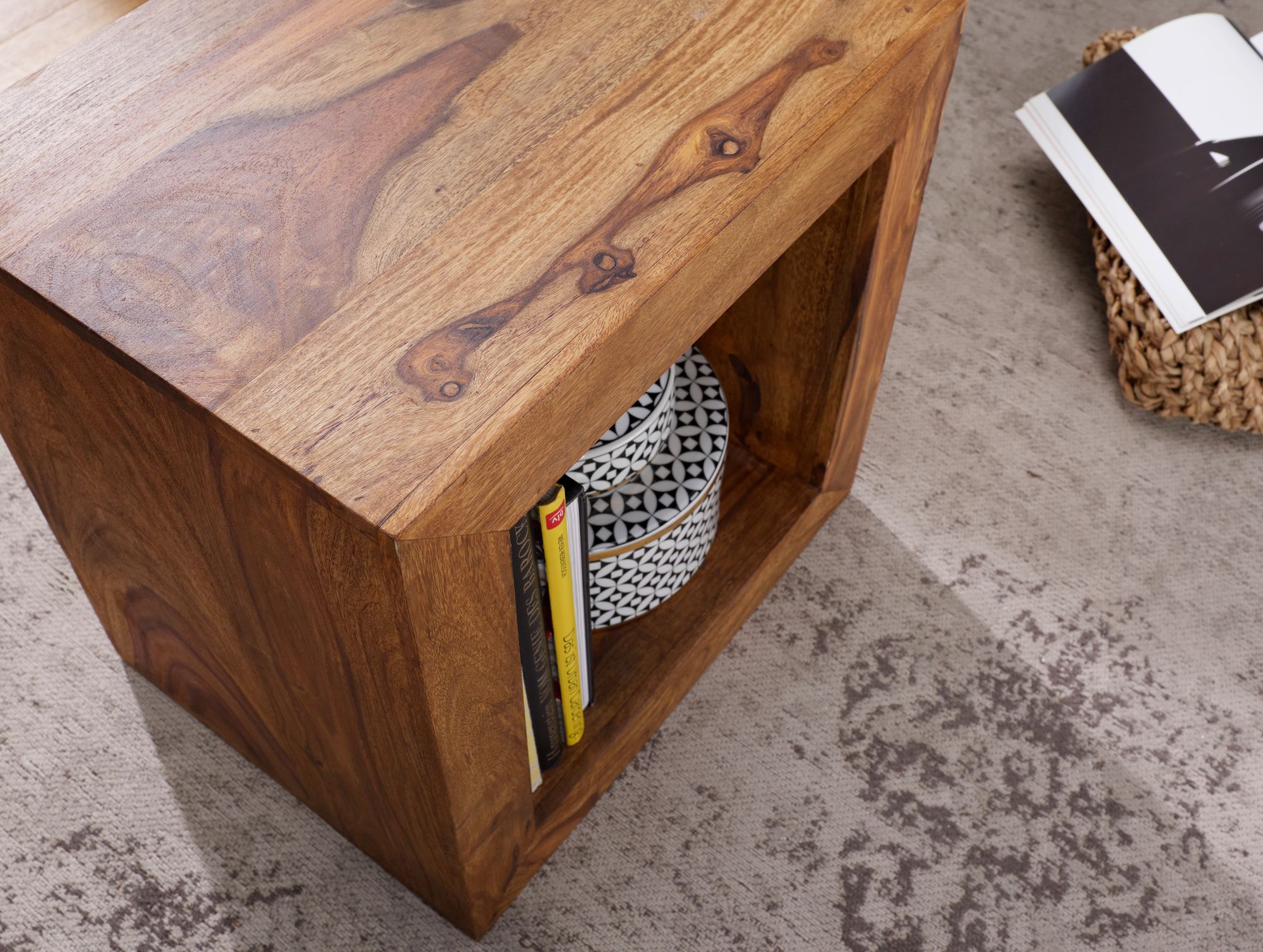 FineBuy Standregal Massivholz Sheesham 33x44x44 cm Cube Regal, Beistelltisch braun Wohnzimmermöbel Echtholz Couchtisch viereckig Anstelltisch | Farbe: Braun