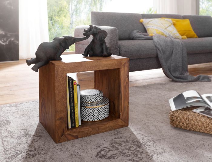 FineBuy Standregal Massivholz Sheesham 44 cm hoch Cube Regal Design Holzregal Natur-Produkt Beistelltisch Landhaus-Stil dunkel-braun Wohnzimmer-Möbel Unikat Echtholz Couchtisch viereckig Anstelltisch 4250950212640