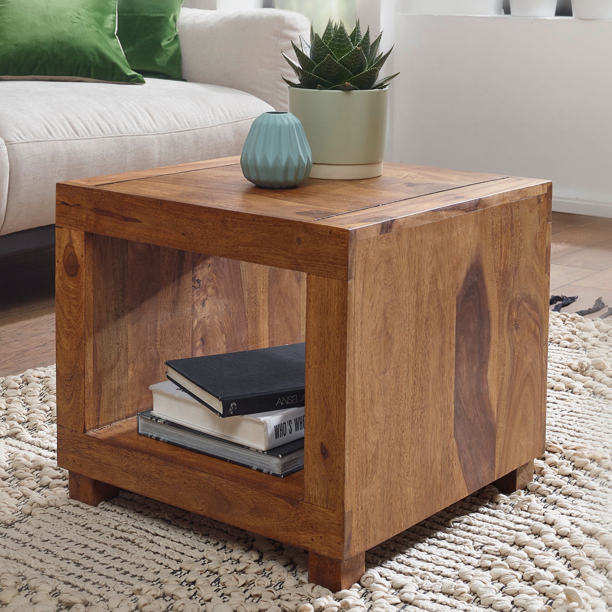 FineBuy Sheesham Massiv-Holz Couchtisch 50 x 50 cm Wohnzimmer-Tisch Design dunkel-braun Landhaus-Stil Beistelltisch Natur-Produkt Echtholz Unikat quadratisch Wohnzimmermöbel modern Massivholzmöbel | Farbe: Braun