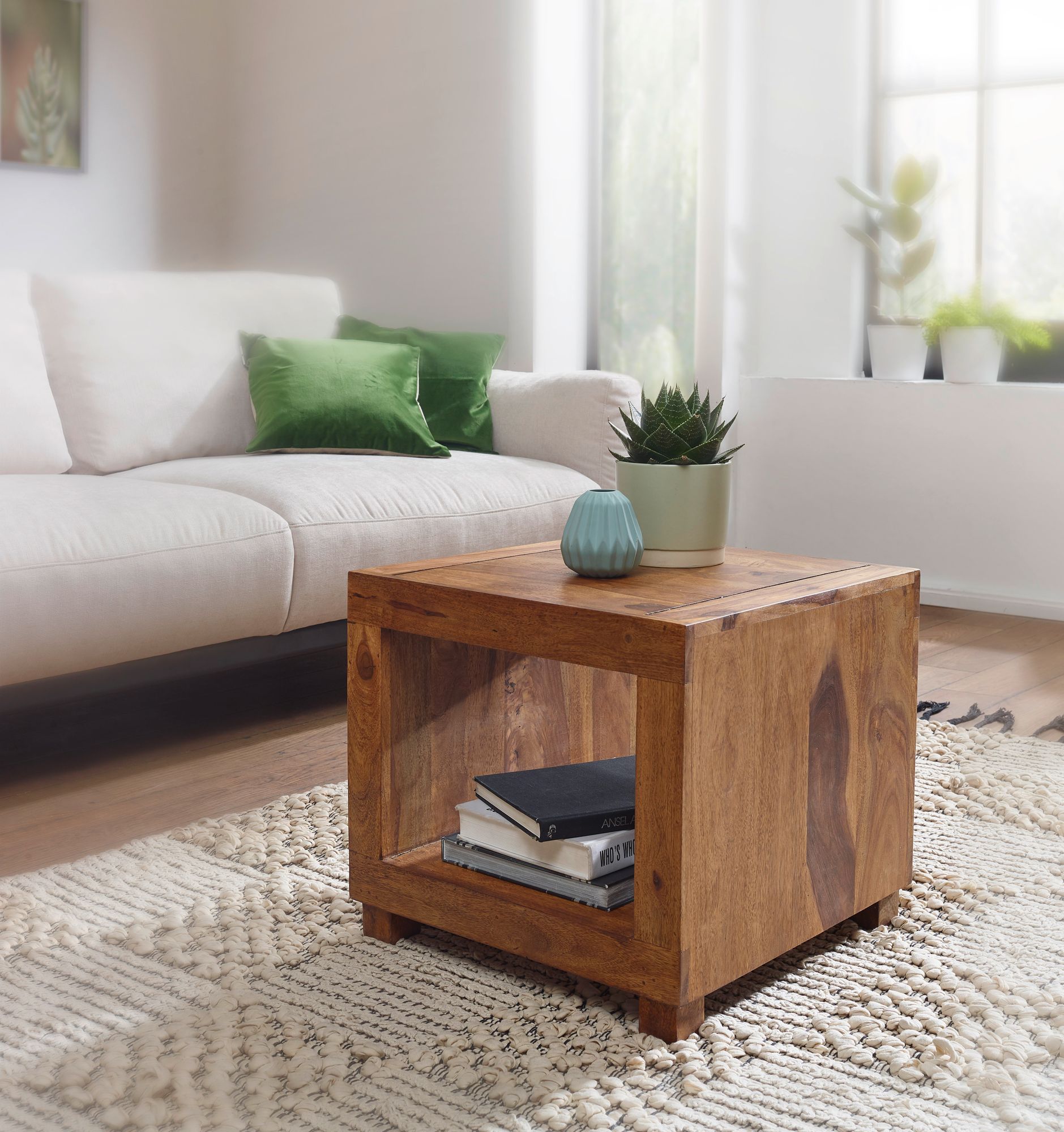 FineBuy Sheesham Massiv-Holz Couchtisch 50 x 50 cm Wohnzimmer-Tisch Design dunkel-braun Landhaus-Stil Beistelltisch Natur-Produkt Echtholz Unikat quadratisch Wohnzimmermöbel modern Massivholzmöbel | Farbe: Braun