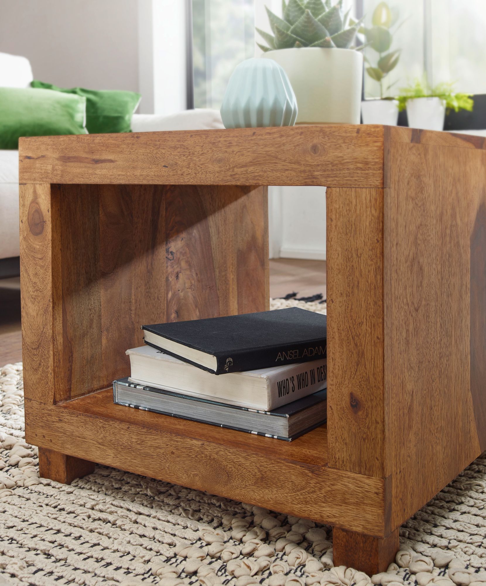 FineBuy Sheesham Massiv-Holz Couchtisch 50 x 50 cm Wohnzimmer-Tisch Design dunkel-braun Landhaus-Stil Beistelltisch Natur-Produkt Echtholz Unikat quadratisch Wohnzimmermöbel modern Massivholzmöbel | Farbe: Braun