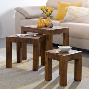 FB37098 FineBuy 3er Set Satztisch Massiv-Holz Sheesham Wohnzimmer-Tisch Landhaus-Stil Beistelltisch dunkel-braun Naturholz 4250950214446