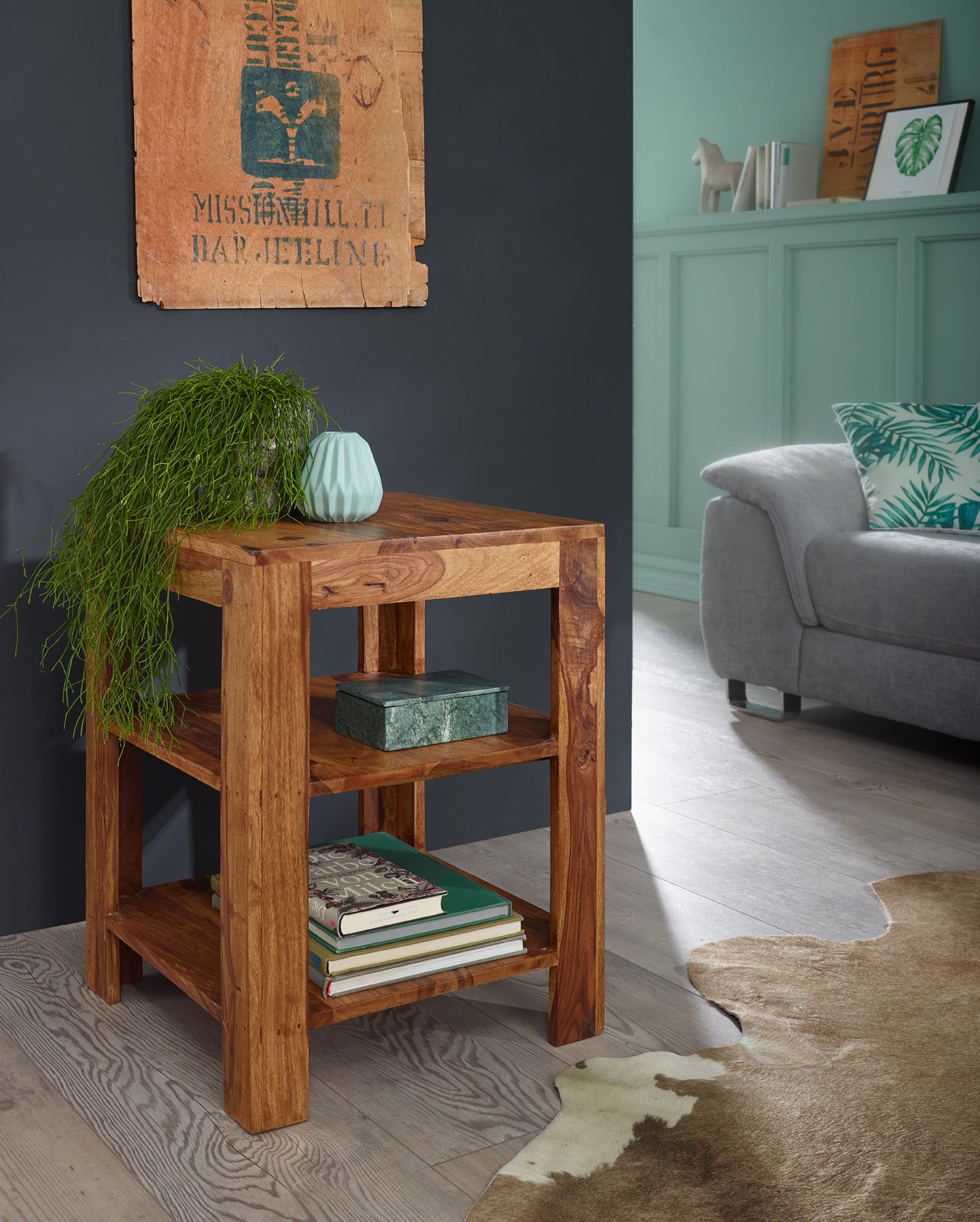 FineBuy Standregal 44 x 60 x 44 cm Sheesham Massiv-Holz Stehregal 3 Ablagen, Abstelltisch Wohnzimmer Niedrig, Ablagetisch Dunkelbraun Abstellregal Diele, Deko-Regal Tisch Flur Büro | Farbe: Braun