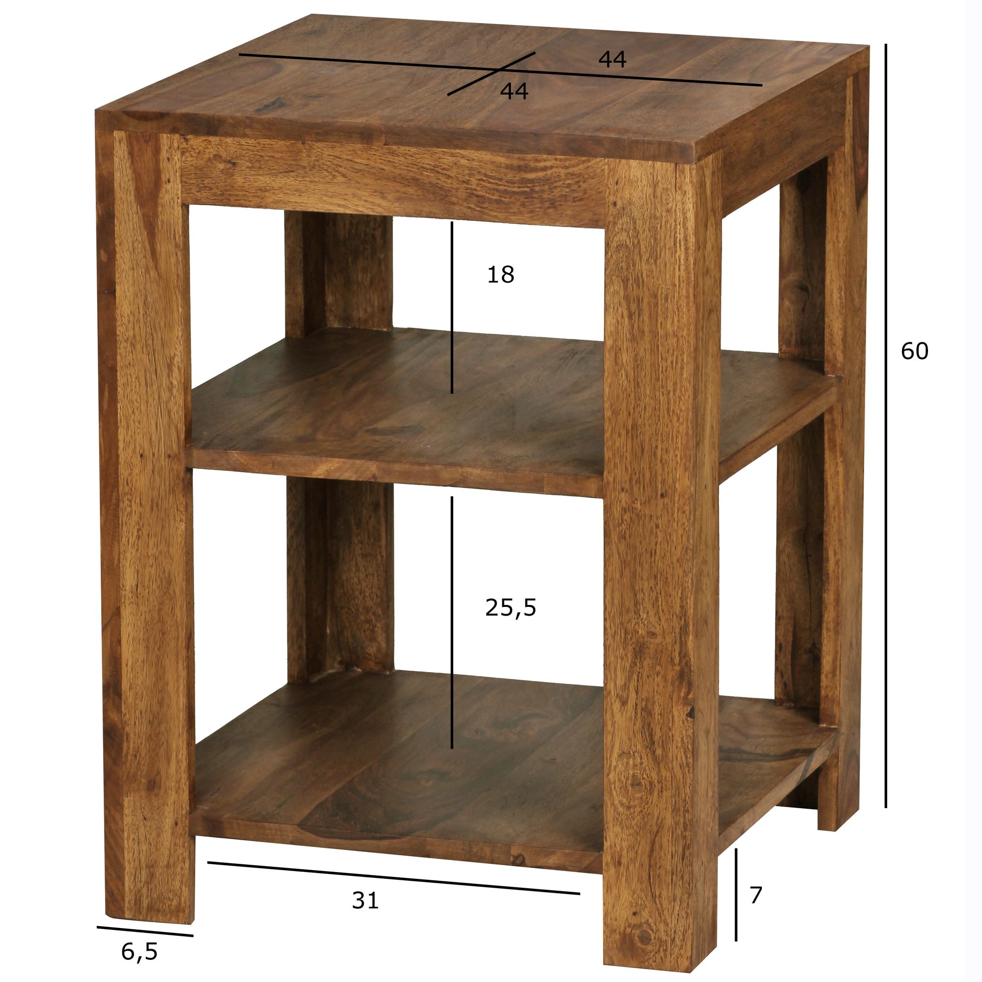 FineBuy Standregal 44 x 60 x 44 cm Sheesham Massiv-Holz Stehregal 3 Ablagen, Abstelltisch Wohnzimmer Niedrig, Ablagetisch Dunkelbraun Abstellregal Diele, Deko-Regal Tisch Flur Büro | Farbe: Braun