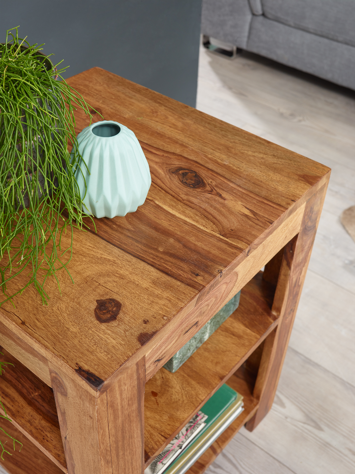 FineBuy Standregal 44 x 60 x 44 cm Sheesham Massiv-Holz Stehregal 3 Ablagen, Abstelltisch Wohnzimmer Niedrig, Ablagetisch Dunkelbraun Abstellregal Diele, Deko-Regal Tisch Flur Büro | Farbe: Braun