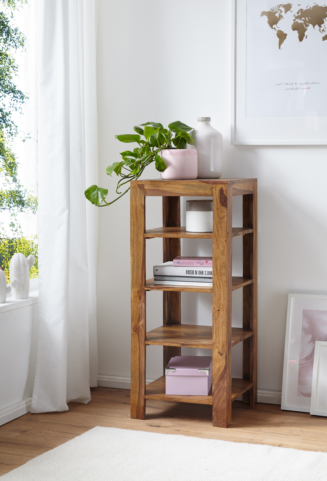 FineBuy Standregal Massiv-Holz Sheesham 105 cm Wohnzimmer-Regal mit 4 Ablagefächer Design Landhaus-Stil Beistelltisch | Farbe: Braun