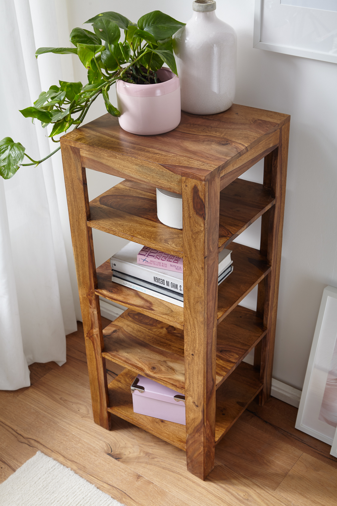 FineBuy Standregal Massiv-Holz Sheesham 105 cm Wohnzimmer-Regal mit 4 Ablagefächer Design Landhaus-Stil Beistelltisch | Farbe: Braun