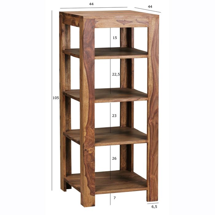 FineBuy Standregal 44x105x44 cm Sheesham Bücherregal Holz Regal Braun Massiv – Maßzeichnung