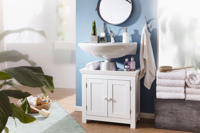 FineBuy Design Waschbeckenunterschrank FB37103 Badunterschrank mit 2 Türen Weiß, Kleiner Schrank Badezimmer 57 cm Breit, Badschrank Waschbecken Stehend, Bad Aufbewahrung, Waschtischunterschrank 4250950214491