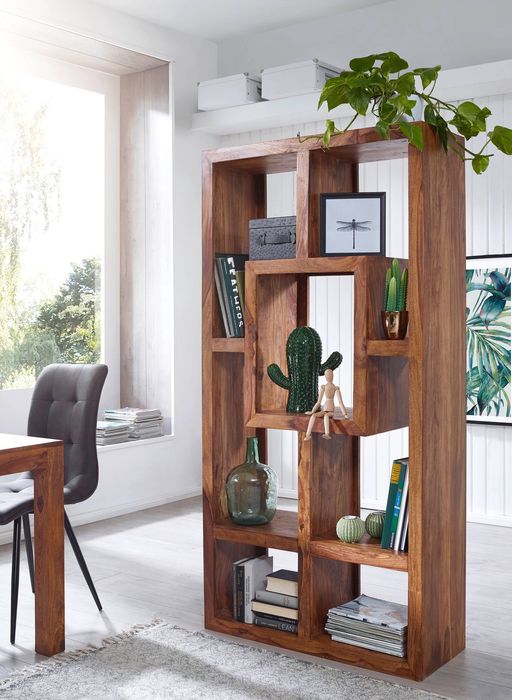 FineBuy Bücherregal Massiv-Holz Sheesham 90 x 180 cm Wohnzimmer-Regal Ablagefächer Design Landhaus-Stil Standregal 4250950214682