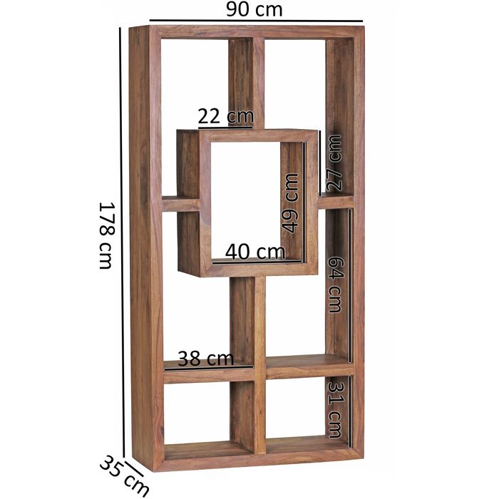 FineBuy Design Bücherregal Massiv Sheesham 180cm Massivholz Raumteiler Regal – Maßzeichnung