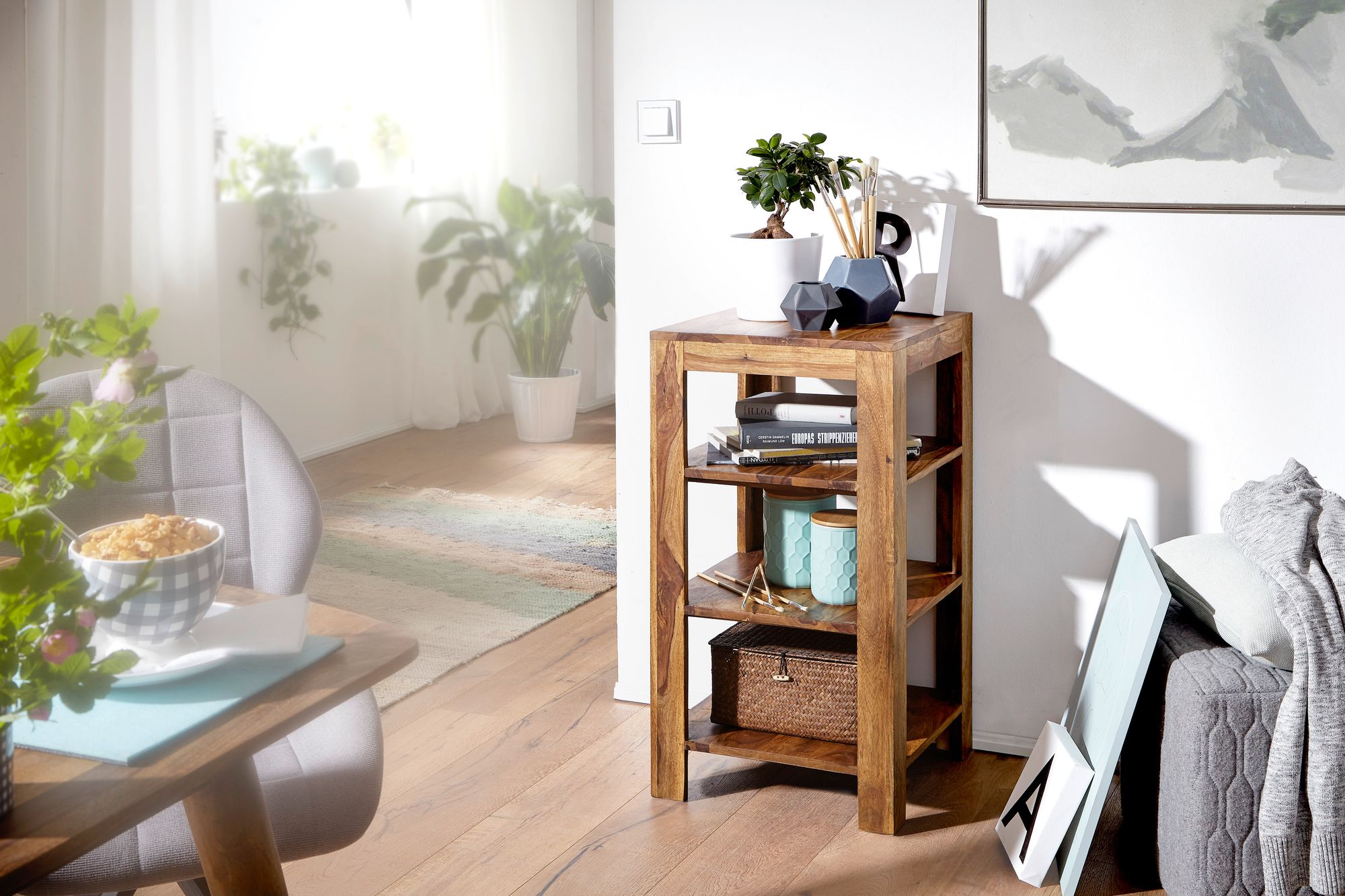 FineBuy Standregal Massiv-Holz Sheesham 80 cm Wohnzimmer-Regal mit 3 Ablagefächer Design Landhaus-Stil Beistelltisch | Farbe: Braun