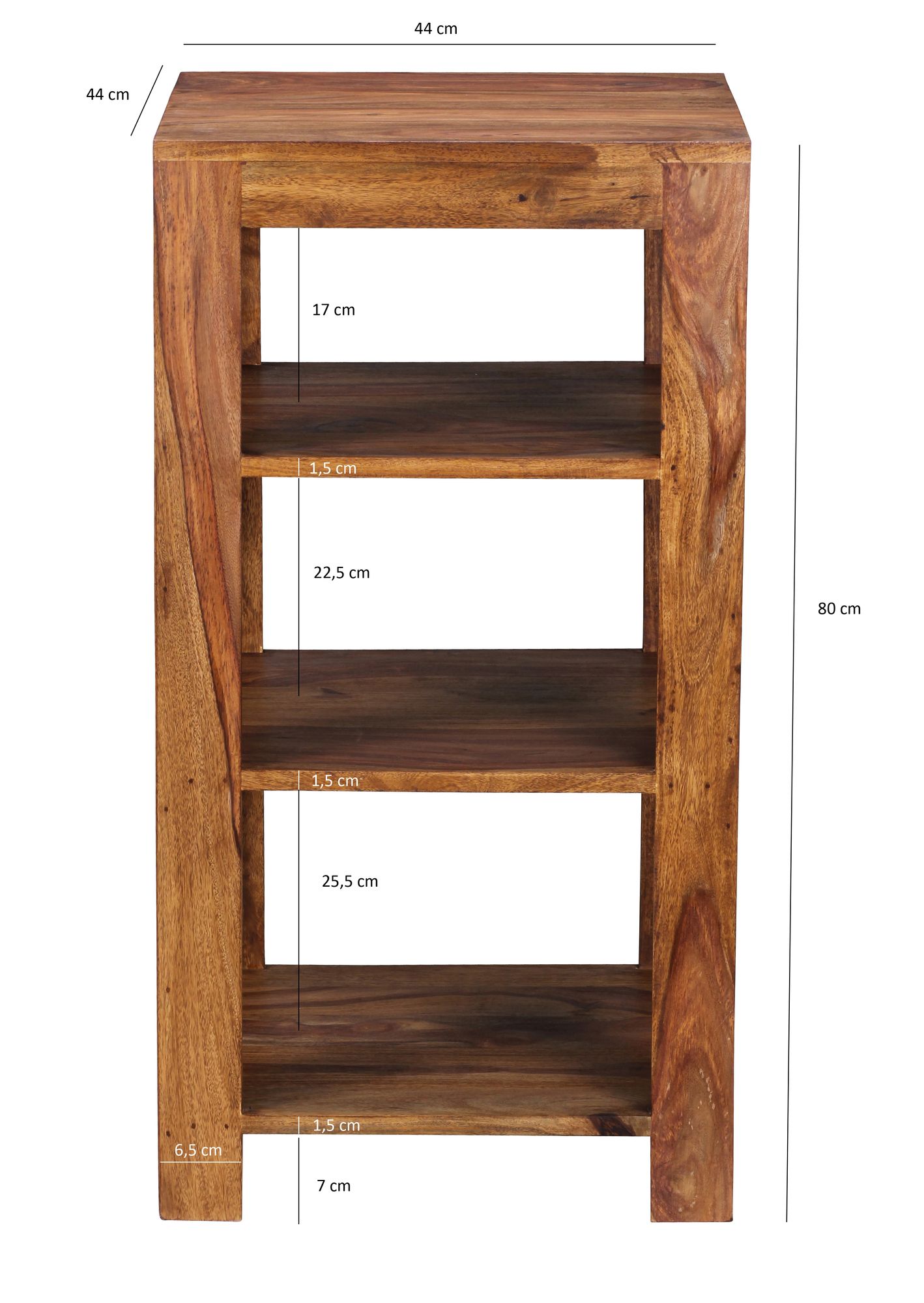 FineBuy Standregal Massiv-Holz Sheesham 80 cm Wohnzimmer-Regal mit 3 Ablagefächer Design Landhaus-Stil Beistelltisch | Farbe: Braun