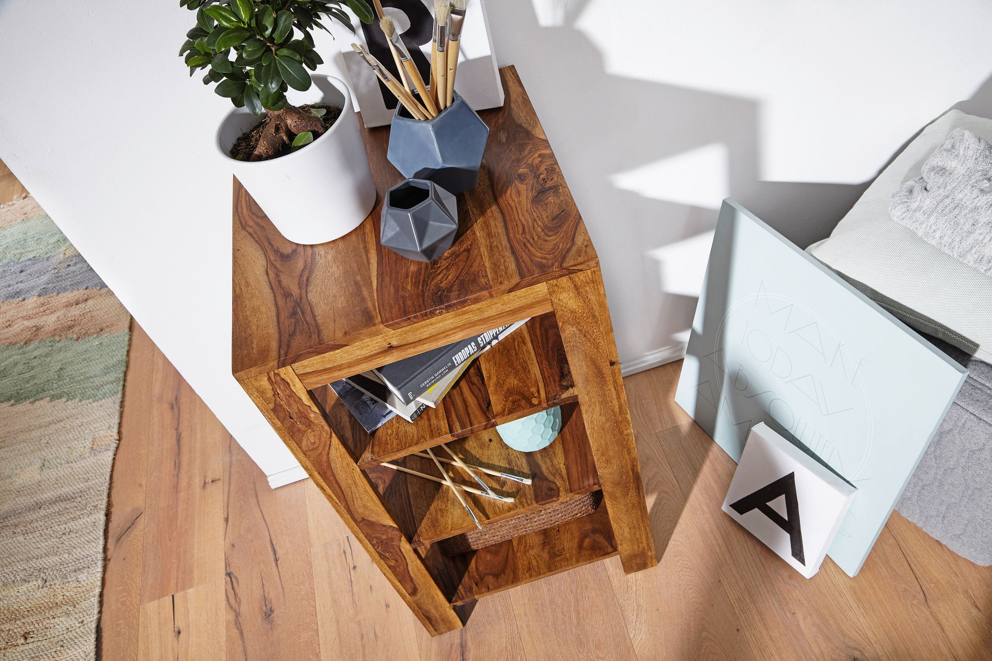 FineBuy Standregal Massiv-Holz Sheesham 80 cm Wohnzimmer-Regal mit 3 Ablagefächer Design Landhaus-Stil Beistelltisch | Farbe: Braun