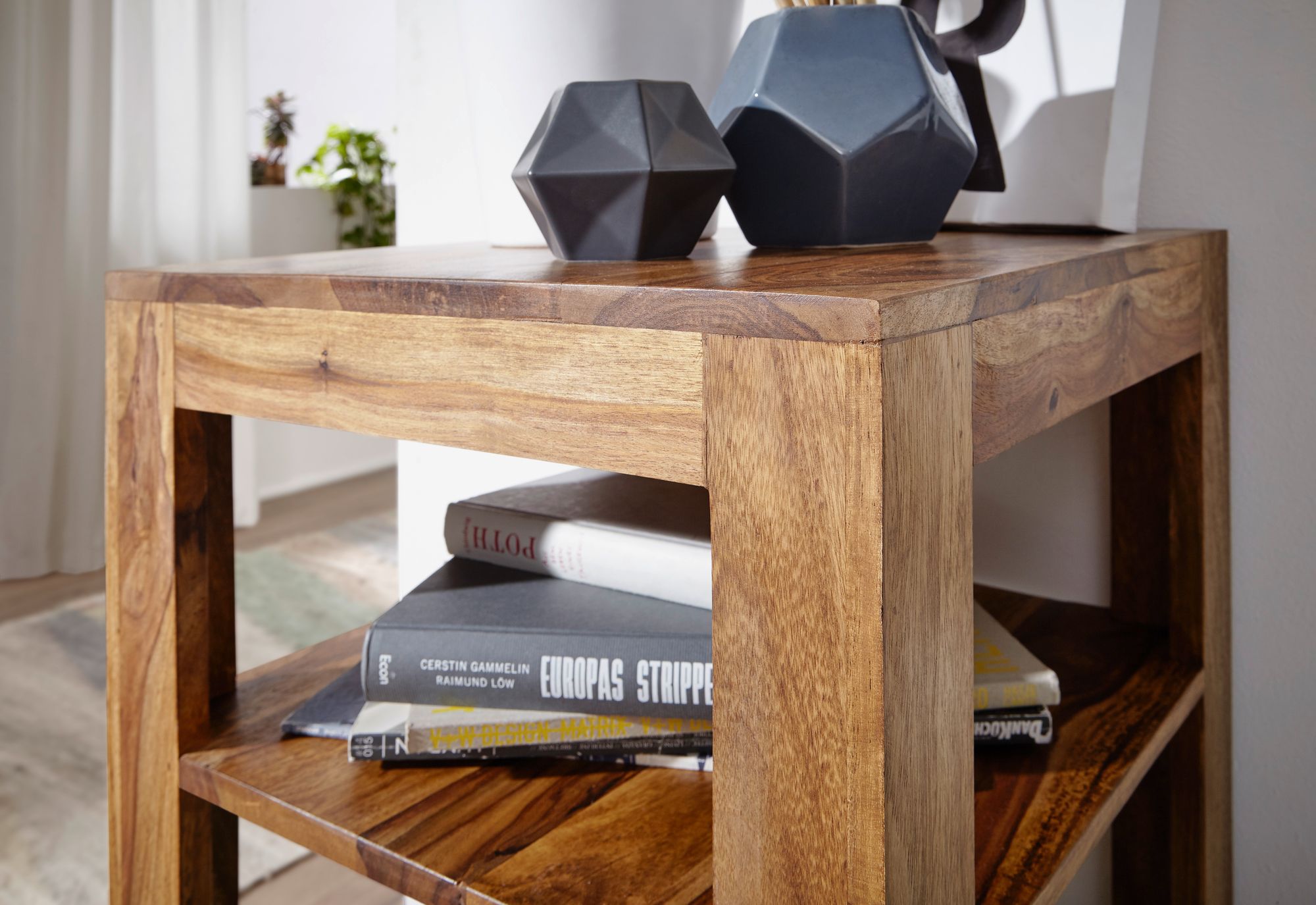 FineBuy Standregal Massiv-Holz Sheesham 80 cm Wohnzimmer-Regal mit 3 Ablagefächer Design Landhaus-Stil Beistelltisch | Farbe: Braun