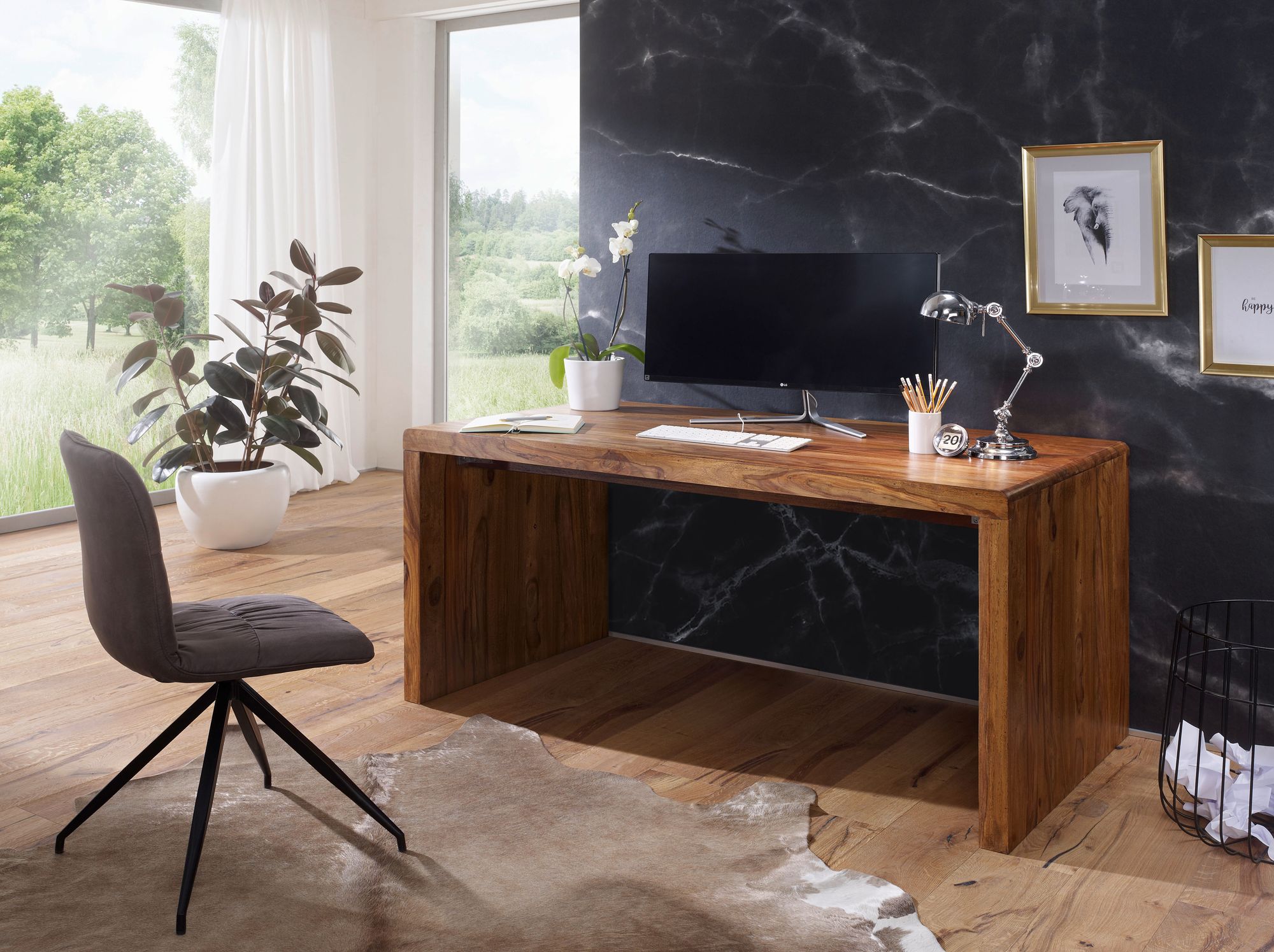 FineBuy Schreibtisch Massiv-Holz Sheesham 160 cm Computertisch Echtholz Design Ablage Büro-Tisch Landhaus-Stil | Farbe: Braun