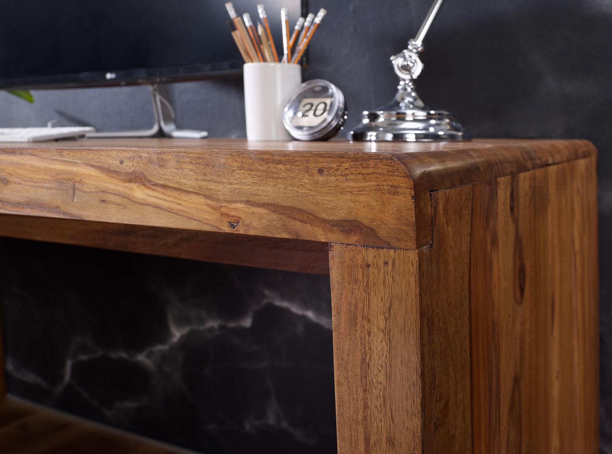 FineBuy Schreibtisch Massiv-Holz Sheesham 160 cm Computertisch Echtholz Design Ablage Büro-Tisch Landhaus-Stil | Farbe: Braun