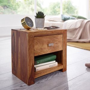 FineBuy Nachttisch aus Sheesham Massiv-Holz 40 x 40 x 30 cm,  Nacht-Kommode braun mit 1 Schublade und 1 Ablagefach, Nachtschrank Landhaus-Stil Echt-Holz 4250950215719