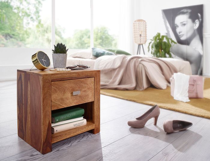 FineBuy Nachttisch aus Sheesham Massiv-Holz 40 x 40 x 30 cm, Nacht-Kommode braun mit 1 Schublade und 1 Ablagefach, Nachtschrank Landhaus-Stil Echt-Holz 4250950215719