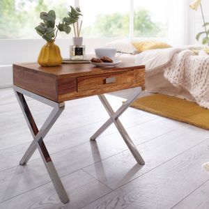 FineBuy Nachttisch Massiv-Holz Sheesham Nacht-Kommode 45 cm 1 Schublade mit Metallbeine Nachtschrank Landhaus-Stil Echt-Holz Nachtkästchen dunkel-braun Nacht-Konsole Natur-Produkt Schlafzimmer-Möbel 4250950215740