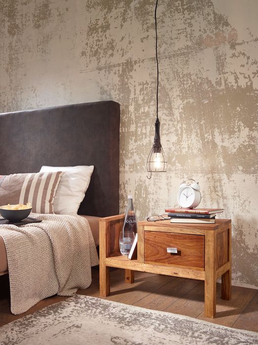 FineBuy Nachttisch Massiv-Holz Sheesham Nacht-Kommode 40 cm Schublade mit Zeitungsablage Nachtschrank Echt-Holz Nachtkästchen dunkel-braun Landhaus-Stil Nachtkonsole Natur-Produkt Schlafzimmer-Möbel 4250950215825