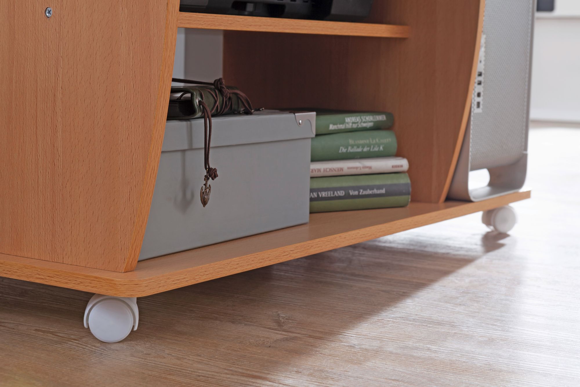 FineBuy Computertisch GRASSE rollbar Buche 90 x 71 x 50 cm mit Tastaturauszug, Laptop Tisch auf feststellbaren Rollen, PC-Tisch mit Drucker-Ablage platzsparend, Schreibtisch für kleine Räume | Farbe: Braun