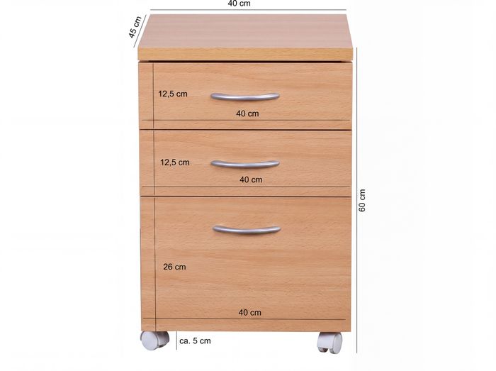 Rollcontainer Rollwagen Rollschrank Büro Container Schubladen Schrank Buche – Maßzeichnung