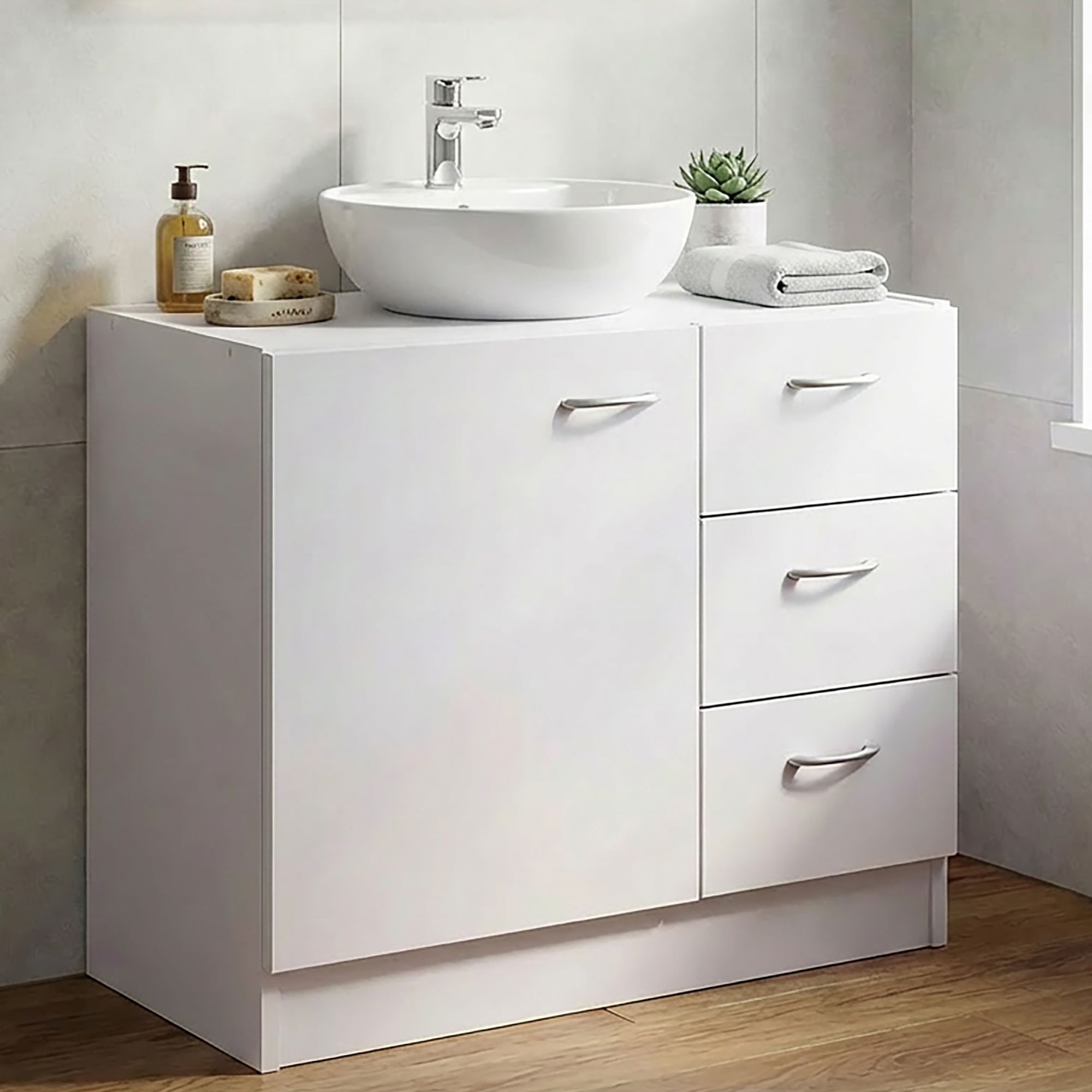FineBuy Bad Waschbecken Unterschrank 54 x 63 x 30 cm 1 Tür 3 Schubladen weiß – Ansicht 1