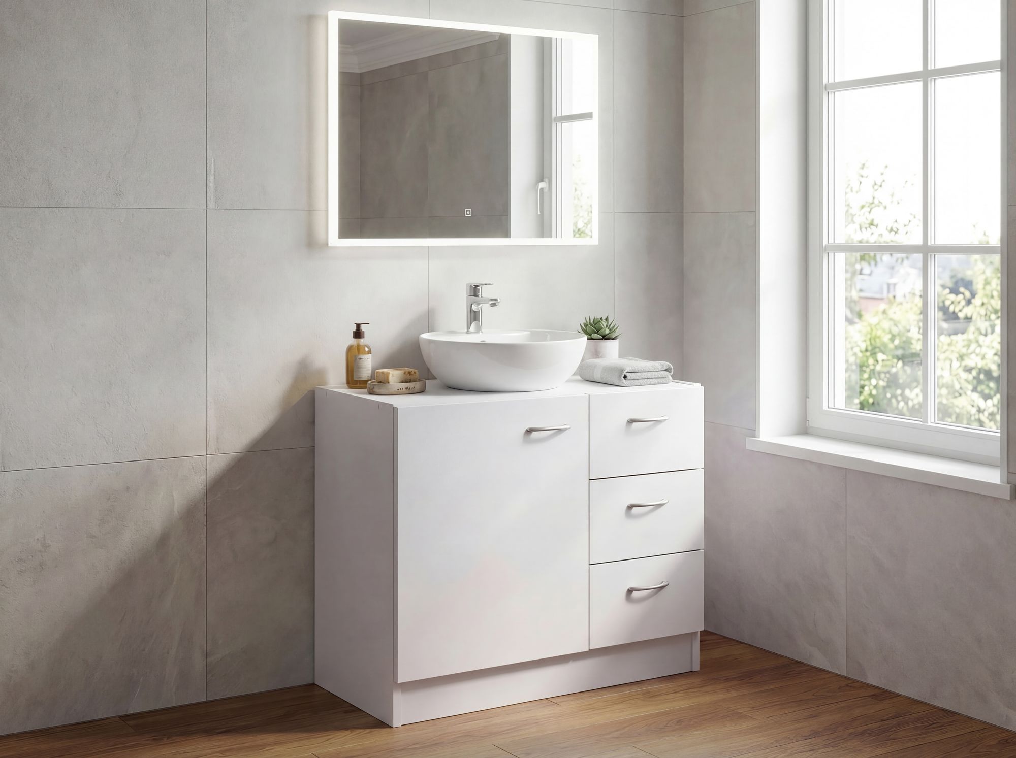 FineBuy Bad Waschbecken Unterschrank 54 x 63 x 30 cm 1 Tür 3 Schubladen weiß – Ansicht 4