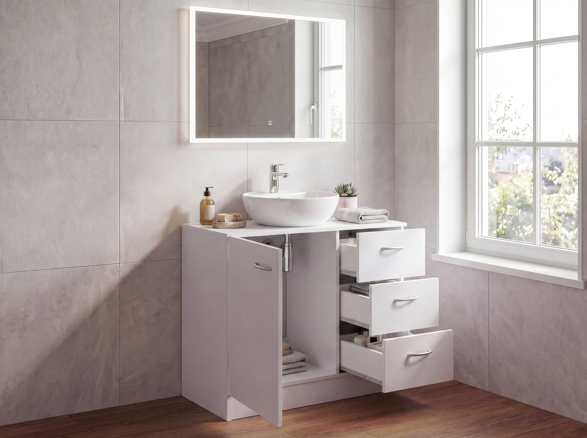 FineBuy Bad Waschbecken Unterschrank 54 x 63 x 30 cm 1 Tür 3 Schubladen weiß – Ansicht 2