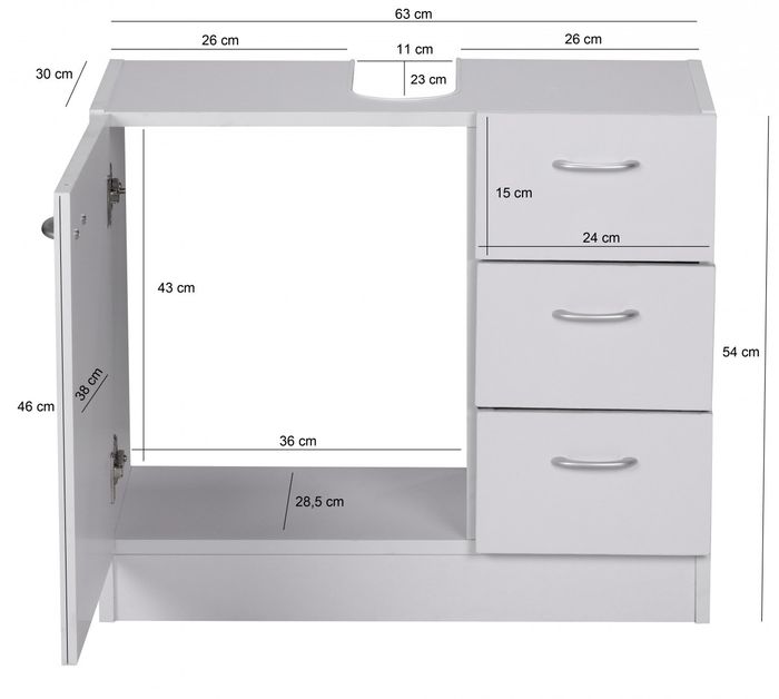 FineBuy Bad Waschbecken Unterschrank 54 x 63 x 30 cm 1 Tür 3 Schubladen weiß – Maßzeichnung
