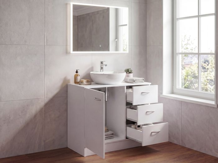 FineBuy Waschbecken-Unterschrank 54 x 63 x 30 cm weiß mit 1 Tür und 3 Schubladen, Unterstellschrank Bad mit Siphonausschnitt, Bad-Schrank klein Waschbecken