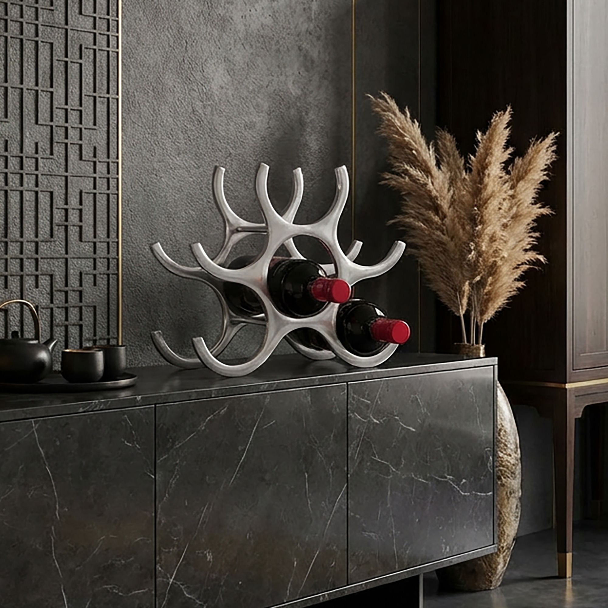 FineBuy Weinregal Design 24 cm für 6 Flaschen Aluminium Silber | Farbe: Silber