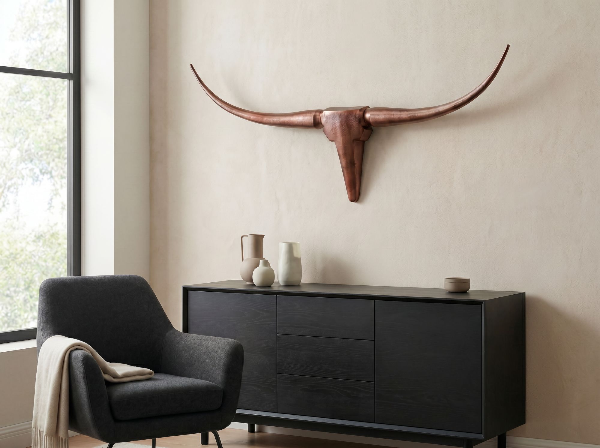 FineBuy Deko Geweih Bull M Aluminium Design Hörner 100cm Wanddekoration Bronze – Ansicht 2