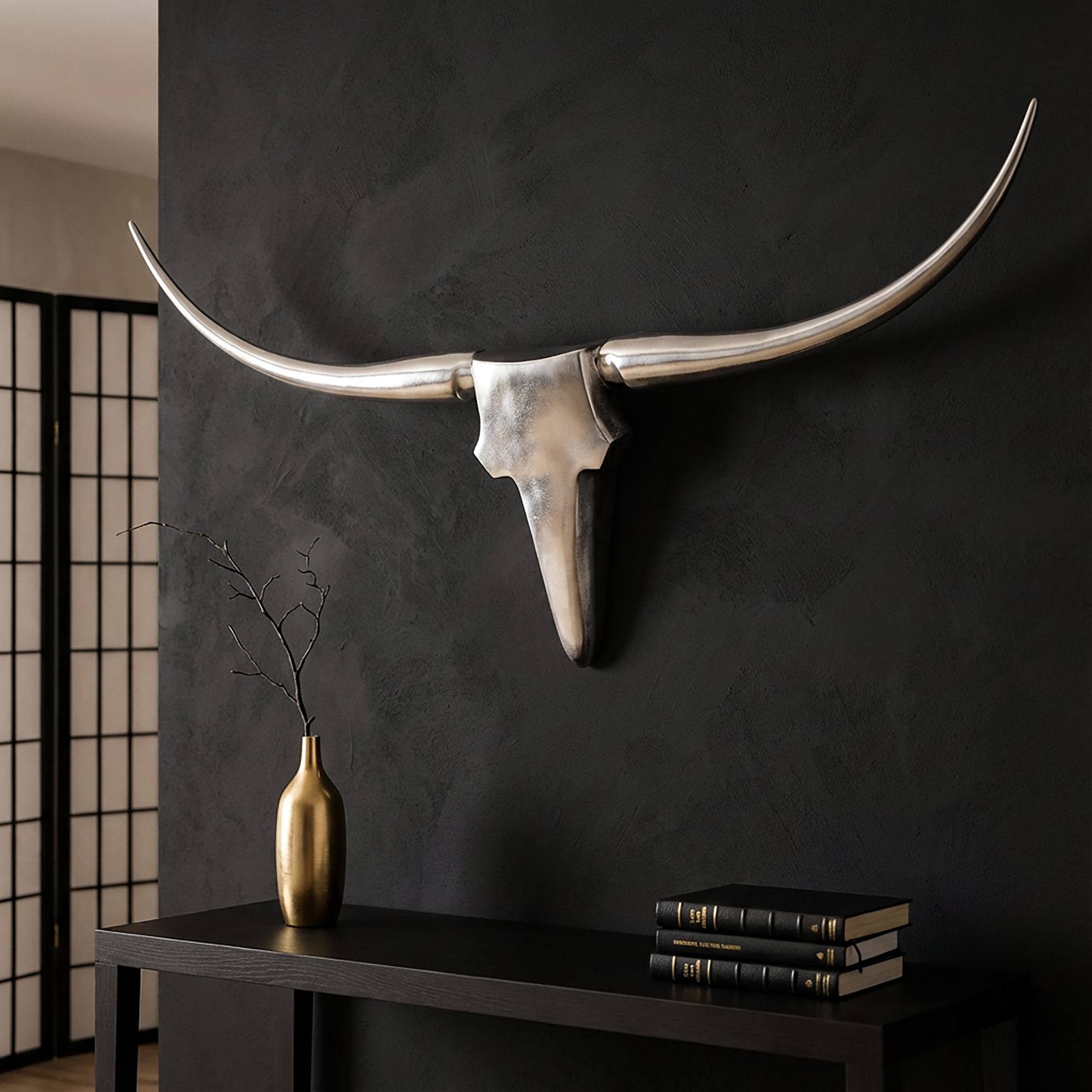 FineBuy Bull Geweih L Wanddekoration 125 cm breit Aluminium silber Wandgeweih – Ansicht 2