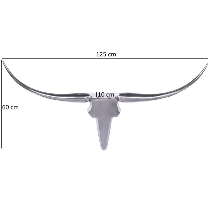 FineBuy Bull Geweih L Wanddekoration 125 cm breit Aluminium silber Wandgeweih – Maßzeichnung
