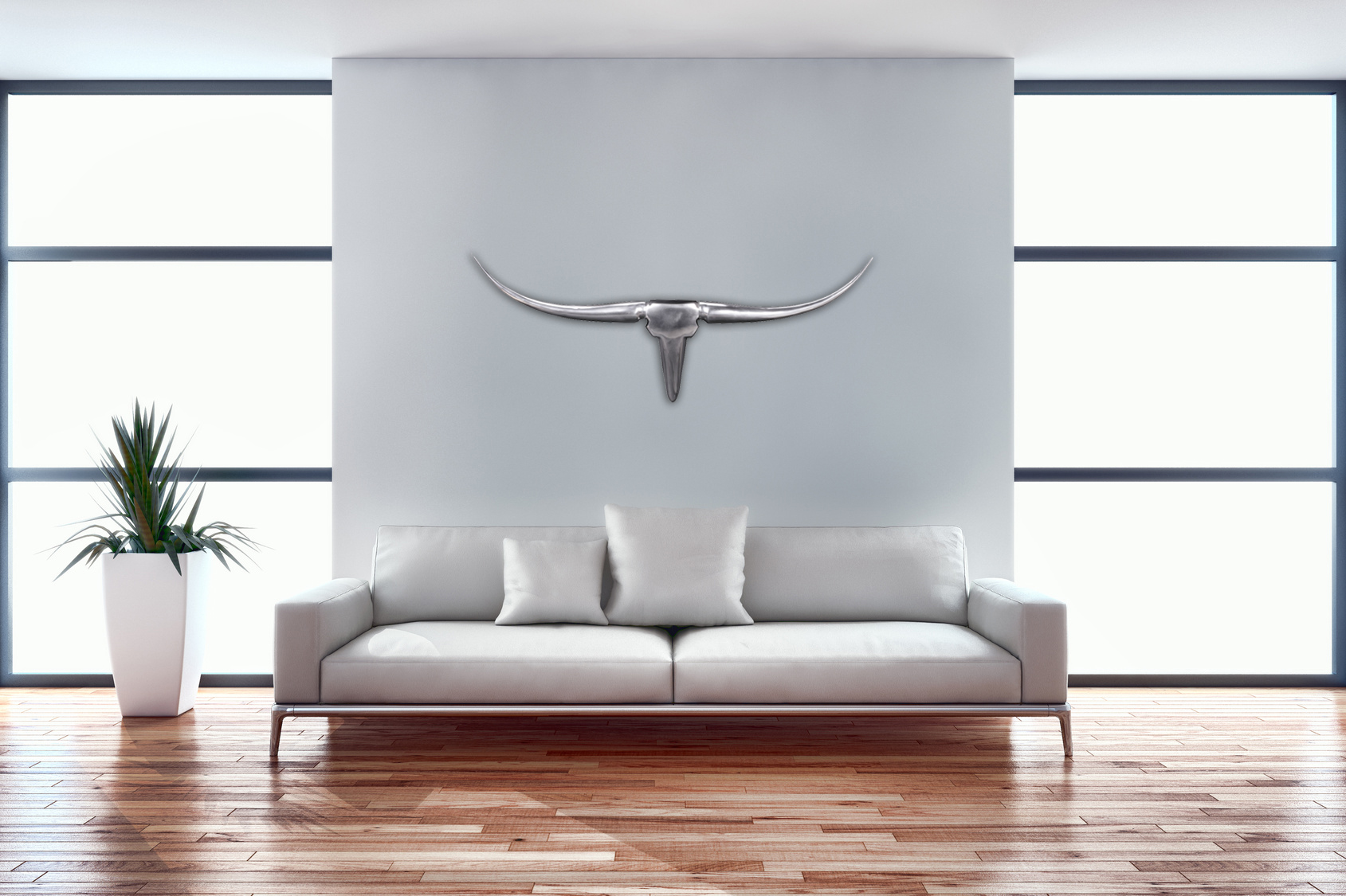 FineBuy Deko Geweih Bull M Aluminium Design Hörner 100cm Wanddekoration Silber – Ansicht 1