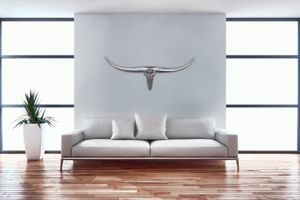 FineBuy Deko Geweih Bull M FB37875 Silber 100 cm Aluminium Design Hörner, Wanddekoration Stierkopf Horn Modern, Wandskulptur Geweih-Jagdtrophäe Metall, Longhorn Wandschmuck Groß