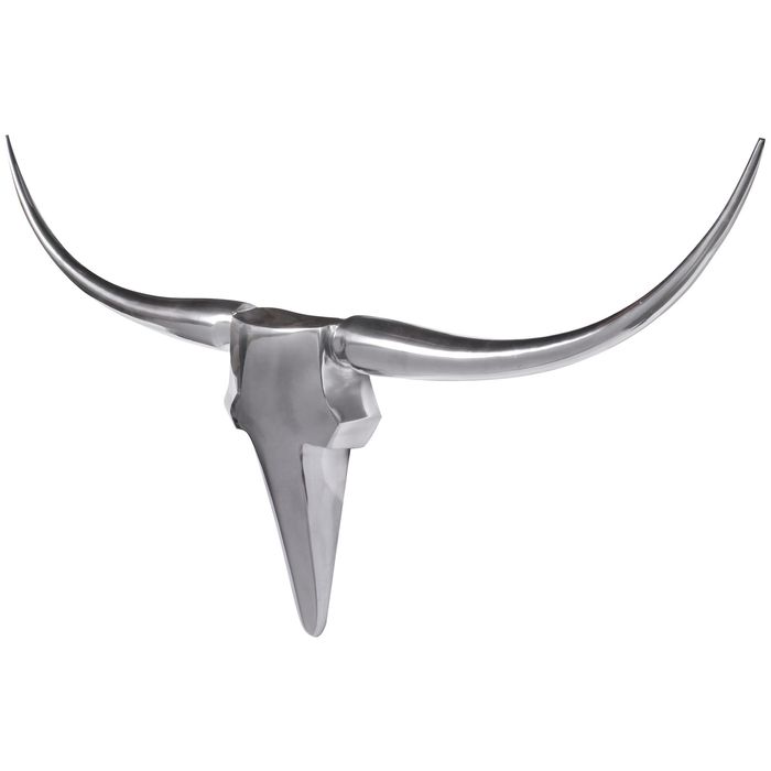 FineBuy Deko Geweih Bull M FB37875 Silber 100 cm Aluminium Design Hörner, Wanddekoration Stierkopf Horn Modern, Wandskulptur Geweih-Jagdtrophäe Metall, Longhorn Wandschmuck Groß