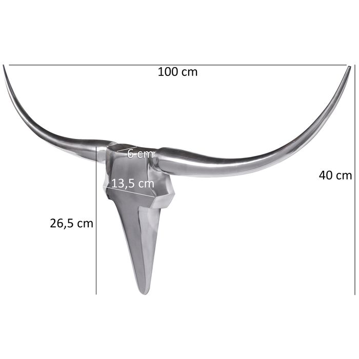FineBuy Deko Geweih Bull M Aluminium Design Hörner 100cm Wanddekoration Silber – Maßzeichnung