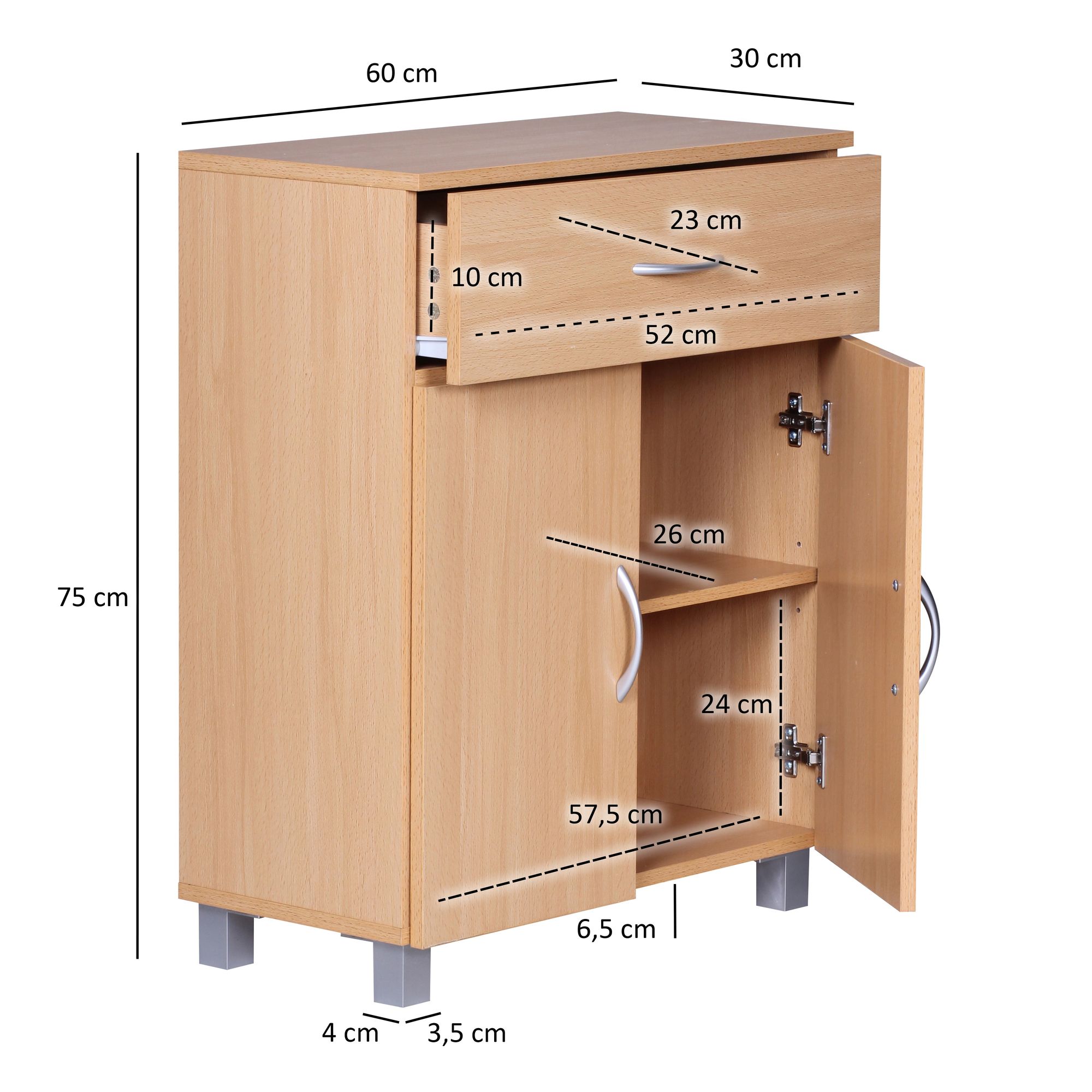 FineBuy Sideboard 60x75x30cm Kommode mit Schublade und Türen, Kleine Moderne Anrichte, Design Holz Schrank, Allzweckschrank mit Griffen, Kleiner Flurschrank Schmal | Farbe: Braun