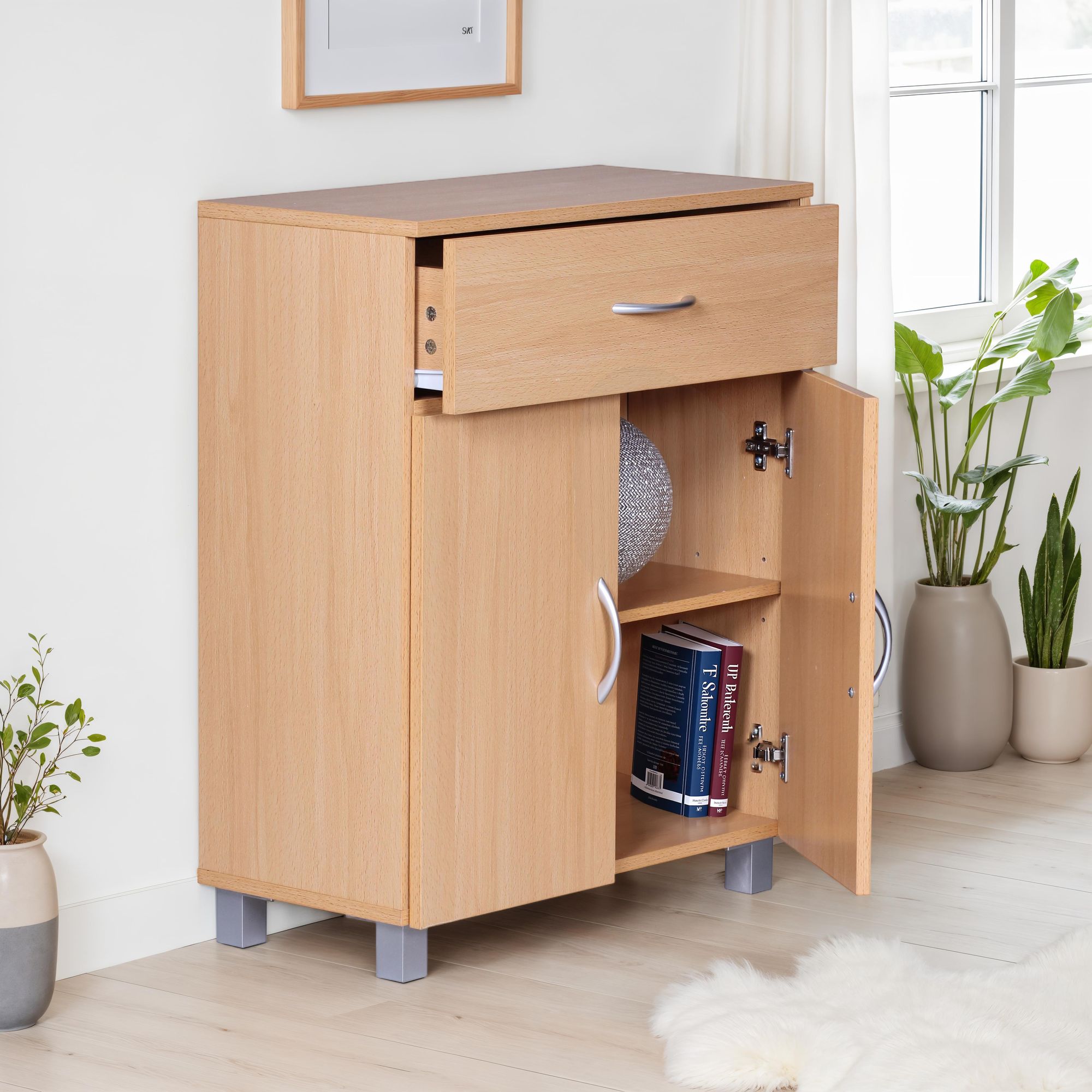 FineBuy Sideboard 60x75x30cm Kommode mit Schublade und Türen, Kleine Moderne Anrichte, Design Holz Schrank, Allzweckschrank mit Griffen, Kleiner Flurschrank Schmal | Farbe: Braun