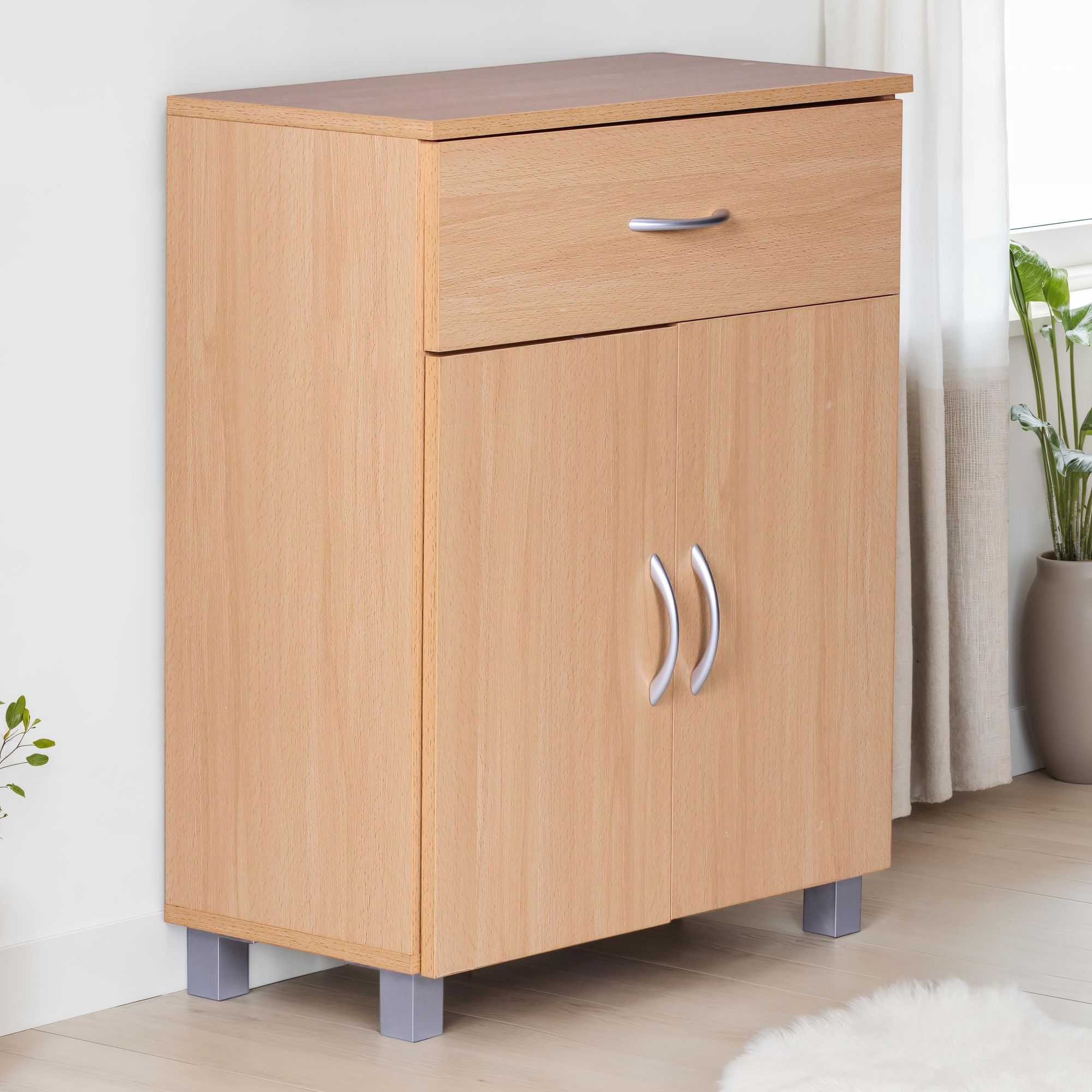 FineBuy Sideboard 60x75x30cm Kommode mit Schublade und Türen, Kleine Moderne Anrichte, Design Holz Schrank, Allzweckschrank mit Griffen, Kleiner Flurschrank Schmal | Farbe: Braun