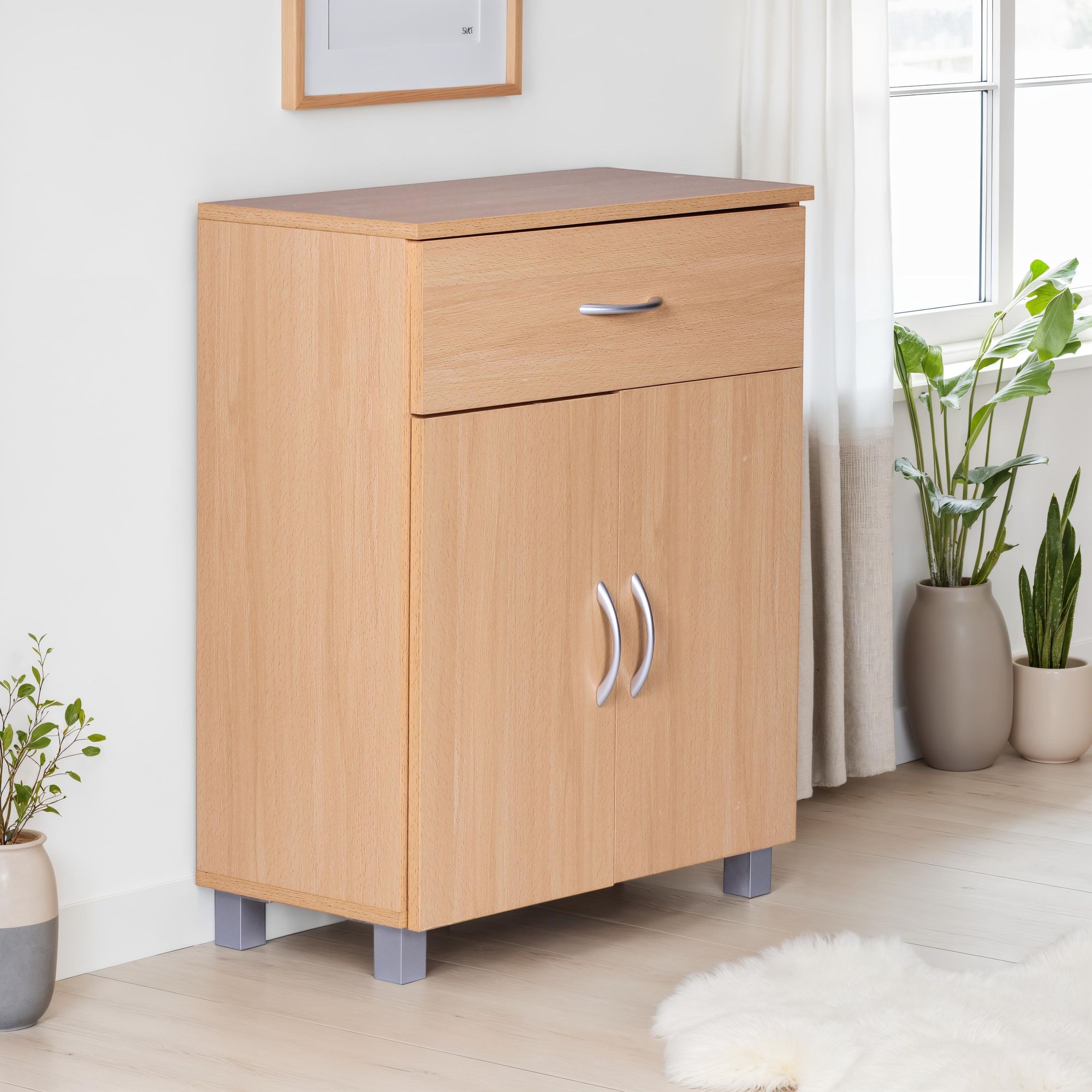 FineBuy Sideboard 60x75x30cm Kommode mit Schublade und Türen, Kleine Moderne Anrichte, Design Holz Schrank, Allzweckschrank mit Griffen, Kleiner Flurschrank Schmal | Farbe: Braun