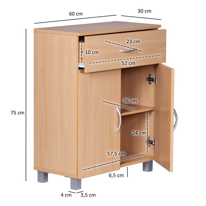 Sideboard 60cm mit 2 Türen & 1 Schublade Moderne Kommode Allzweckschrank Flurschrank – Maßzeichnung