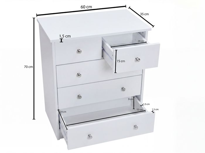 Schubladenkommode mit 5 Schubladen 60cm Sideboard Kommode zeitloses Design – Maßzeichnung