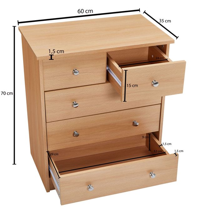 Schubladenkommode mit 5 Schubladen 60cm Sideboard Kommode zeitloses Design – Maßzeichnung