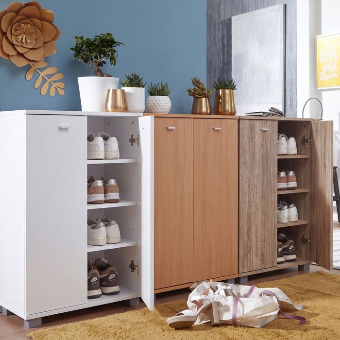 FineBuy Design Schuhschrank NIMES modern Holz 12 Paar Schuhe 4 Fächer 2 Türen, Schuhregal 60 x 90 x 35 cm platzsparend, Schuhkommode Flurschrank mit Ablage