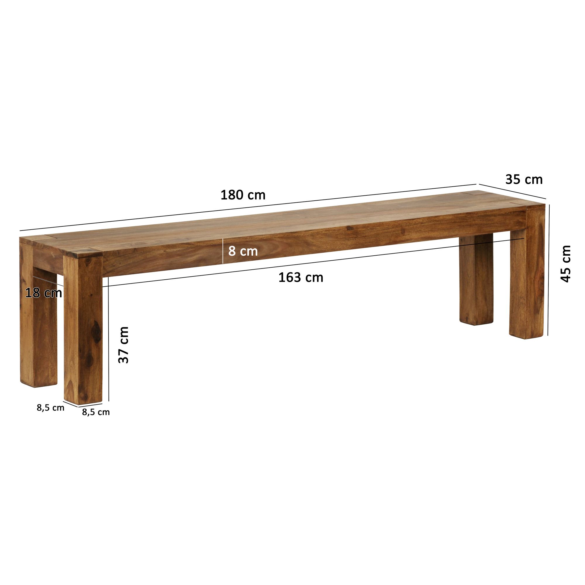 FineBuy Esszimmer Sitzbank Massiv-Holz Sheesham 180 x 45 x 35 cm Holz-Bank Natur-Produkt Küchenbank im Landhaus-Stil | Farbe: Braun